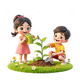 儿童植树节种树场景3D卡通素材