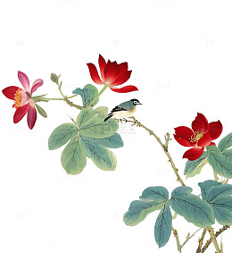 国画红花与小鸟枝头画面