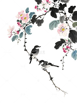 工笔画粉花旁双鸟相互依偎