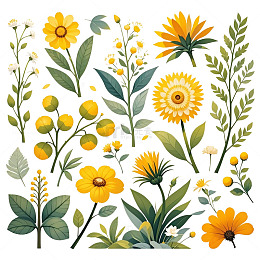 春日黄色系花卉植物平铺画面插画