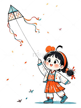 手绘插画放风筝的女孩儿