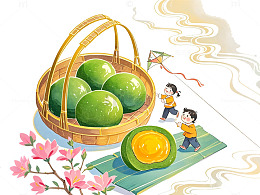 竹篮中的清明青团国风插画素材