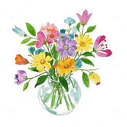 多彩花束玻璃花瓶水彩插画