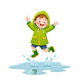 卡通男孩雨天踩水插画素材