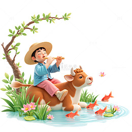 卡通3D骑牛牧童雨水清明素材