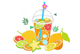 手绘夏季避暑清爽青桔柠檬汁水果饮料插画