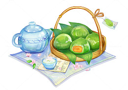 手绘清明节美食桌布竹篮青团茶水茶壶花瓣