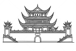 中国湖南岳阳楼建筑黑白线稿