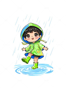谷雨节气穿雨衣的儿童小女孩在雨中跳舞