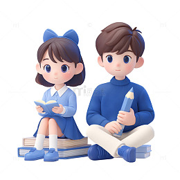 3D渲染的读书男孩和女孩