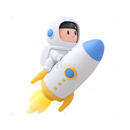 3D渲染的卡通宇航员骑在火箭上