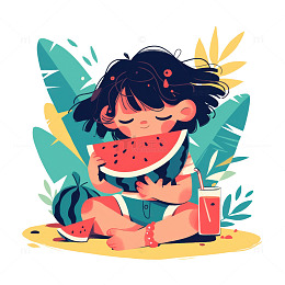 扁平简约吃西瓜的女孩