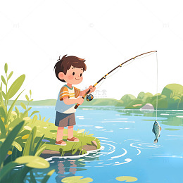 立夏节气 夏季卡通河边钓鱼的男孩