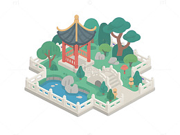 中式公园图标卡通等距