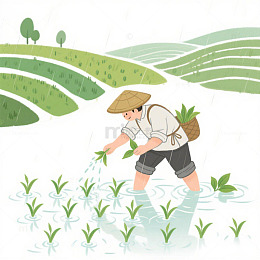 采茶春耕茶山农田插画