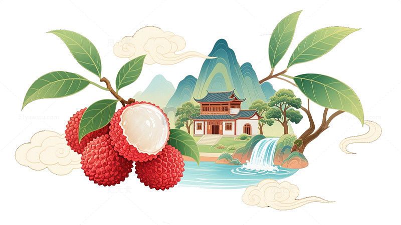 荔枝山水树叶素材