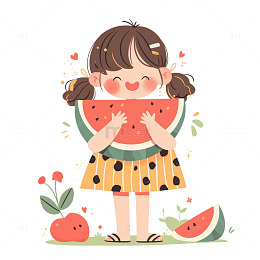 抱着一块西瓜的女孩