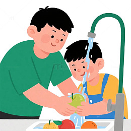 父子一起洗水果