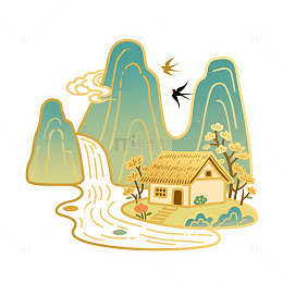 国潮山水风景卡通插画河流房屋