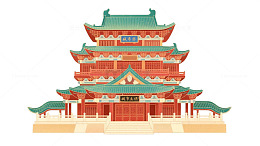 插画国潮风城市地标古建筑png纯白色背景