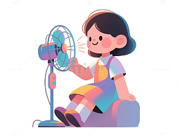 小女孩吹电风扇