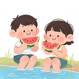 夏天小孩河边吃西瓜元素