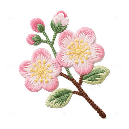 一支梅花粉色绿色黄色刺绣