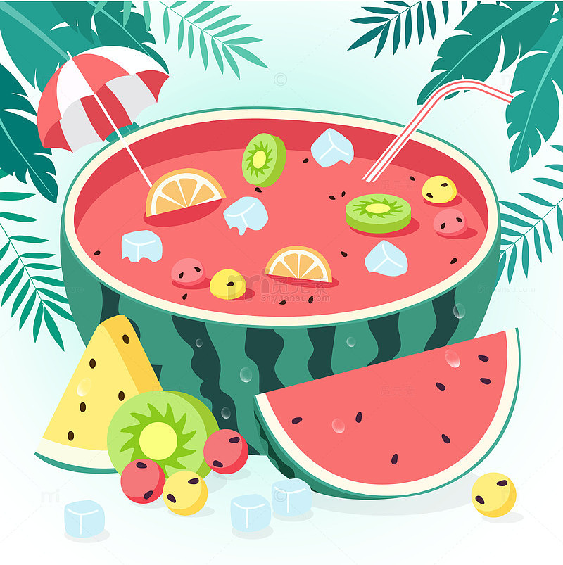 卡通收获季节夏季水果拼盘西瓜汁猕猴桃插画