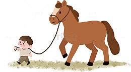 儿童绘本童话插画小男孩牵马免扣元素