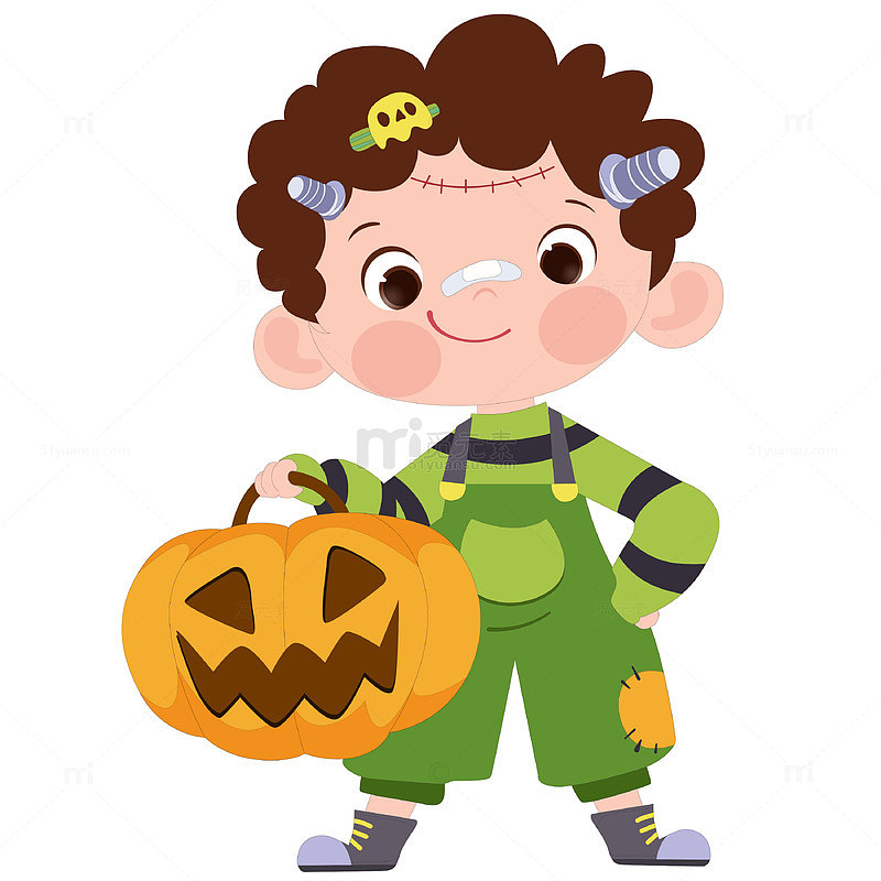 万圣节穿科学怪人服装拿南瓜灯可爱男孩插画