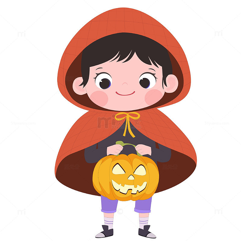 万圣节小红帽服装拿南瓜灯可爱女孩卡通插画