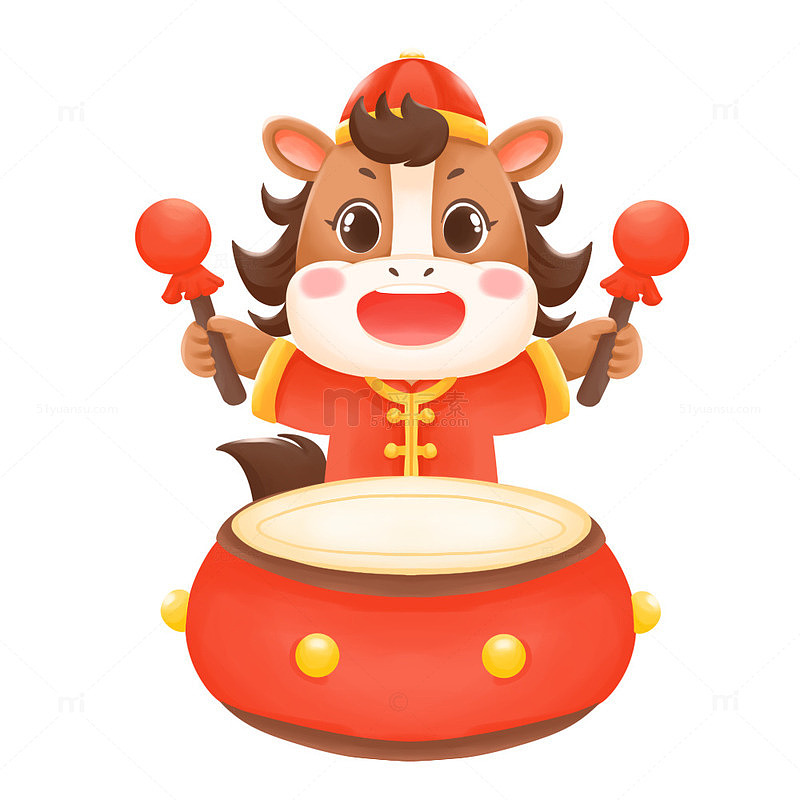 马年春节可爱喜庆敲鼓小马形象