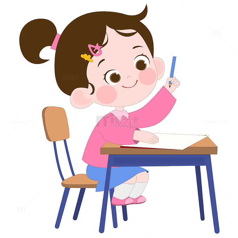 拿笔写字的小女孩手绘卡通插画