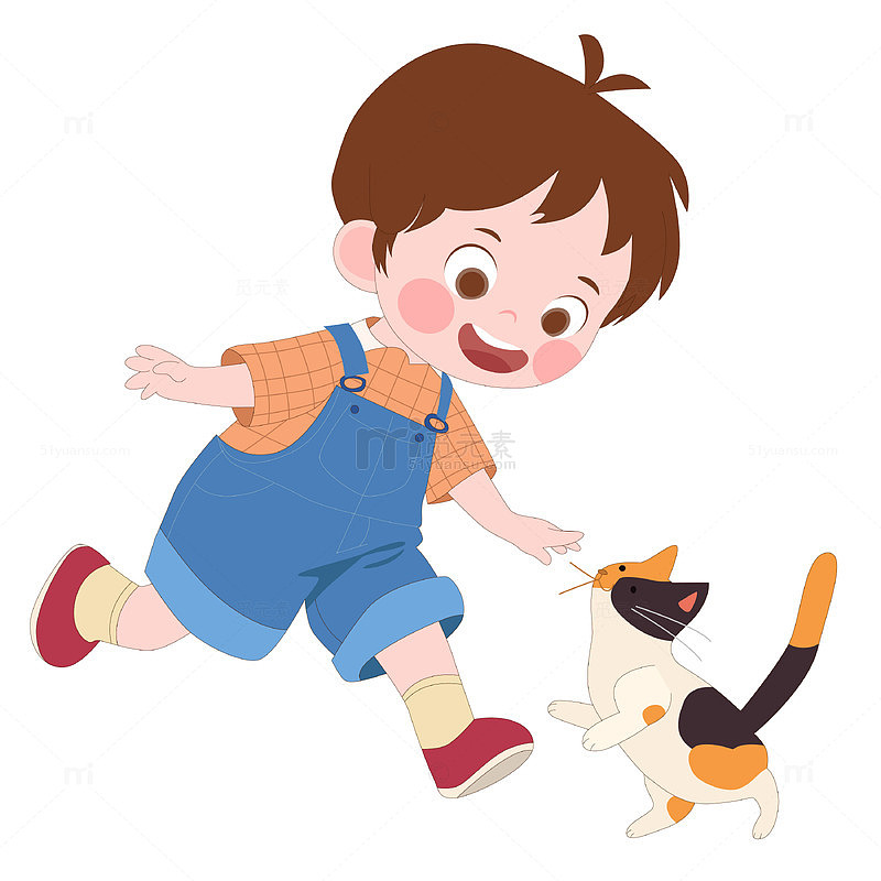 卡通风穿背带裤男孩和猫咪互动玩耍萌娃插画