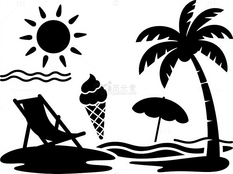 夏日海岸冰淇淋海边遮阳伞椰子树太阳海浪