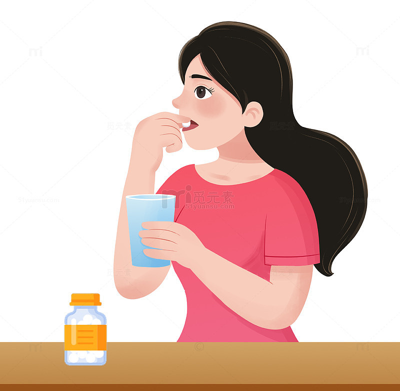 女孩手持水杯服用药片辅助生殖医用插画