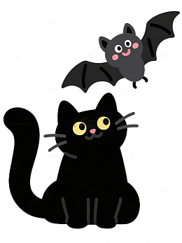 可爱黑猫看蝙蝠万圣节免抠素材