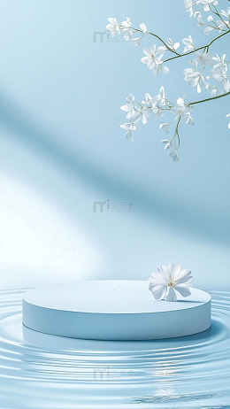 浅蓝色白花枝条清新自然风背景图