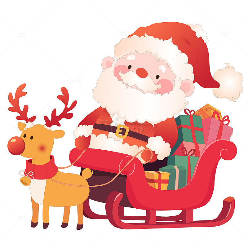 卡通圣诞节圣诞老人坐驯鹿雪橇车送礼物插画