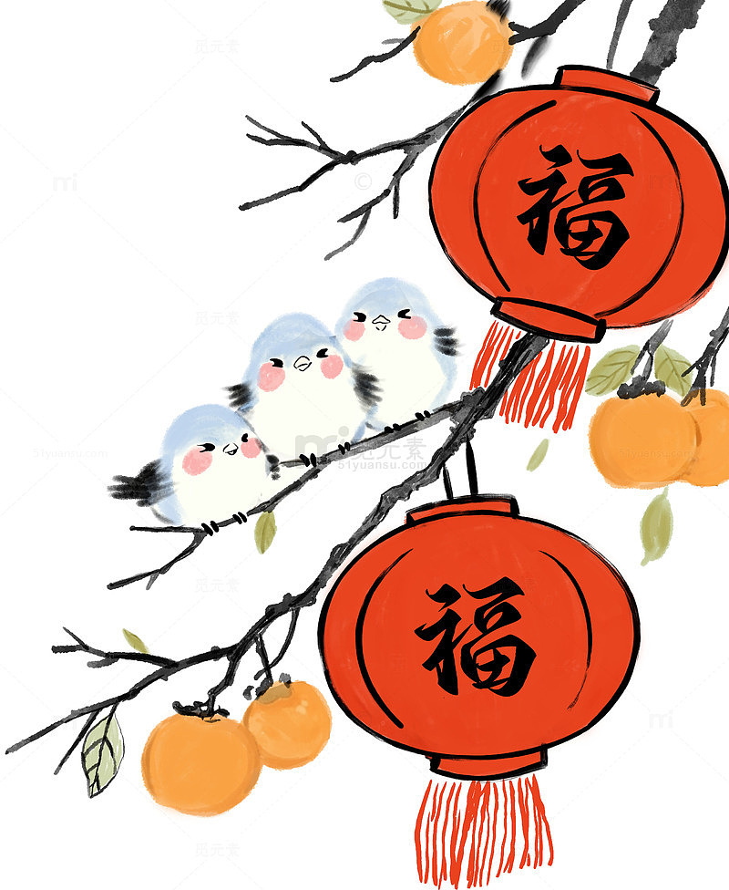 春节灯笼枯枝小鸟