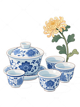 菊花纹样青花瓷酒壶重阳节免抠元素