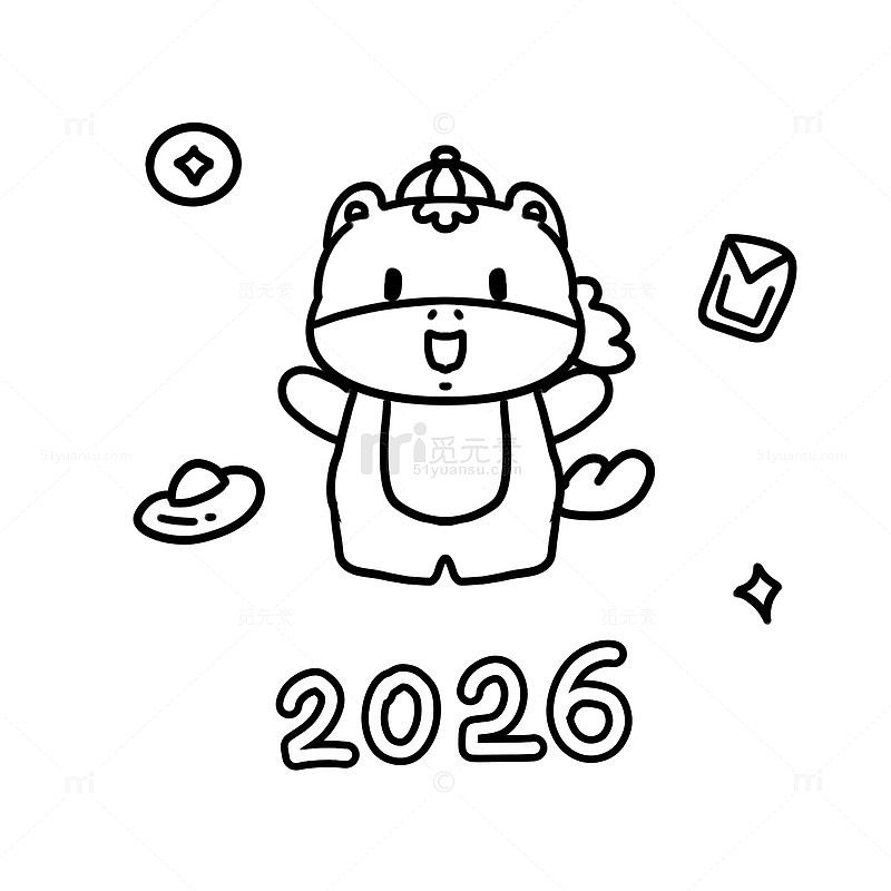 新年可爱卡通手绘小马黑色线稿