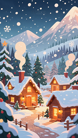 卡通圣诞冬日雪景木屋插画