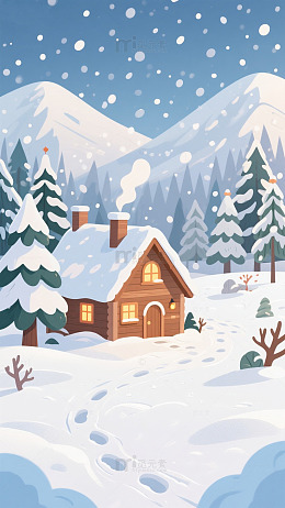 冬日雪景木屋插画