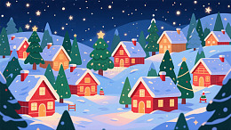 圣诞雪夜村庄插画