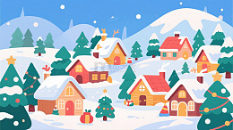 冬季雪景村庄插画卡通雪景圣诞树小屋背景