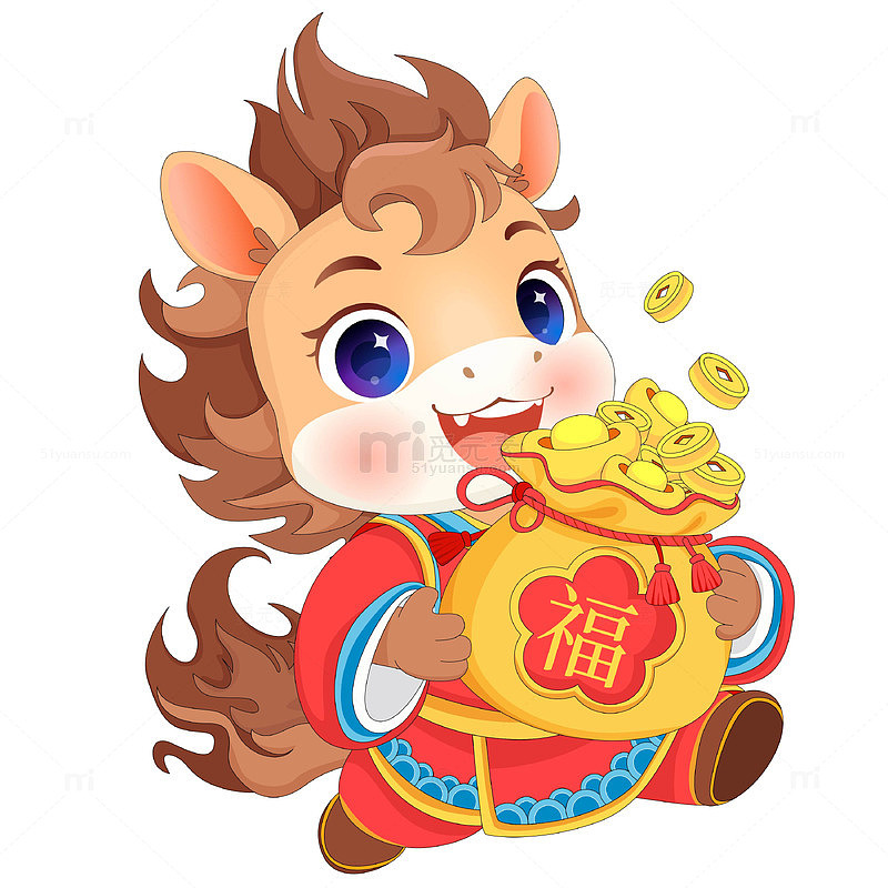 马年春节拿福袋金币元宝卡通小马驹女孩插画
