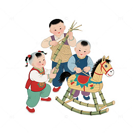 新年国画儿童欢乐玩耍场景