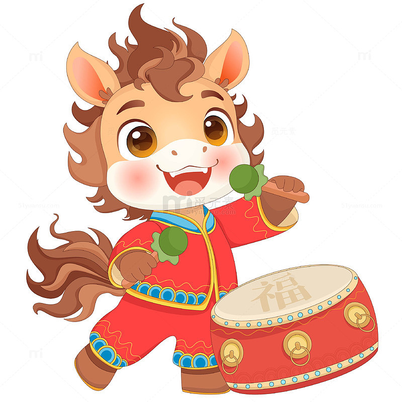马年春节拿槌敲鼓送祝福小马驹传统节日插画