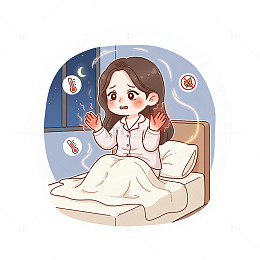 卡通女孩夜晚害怕失眠插画